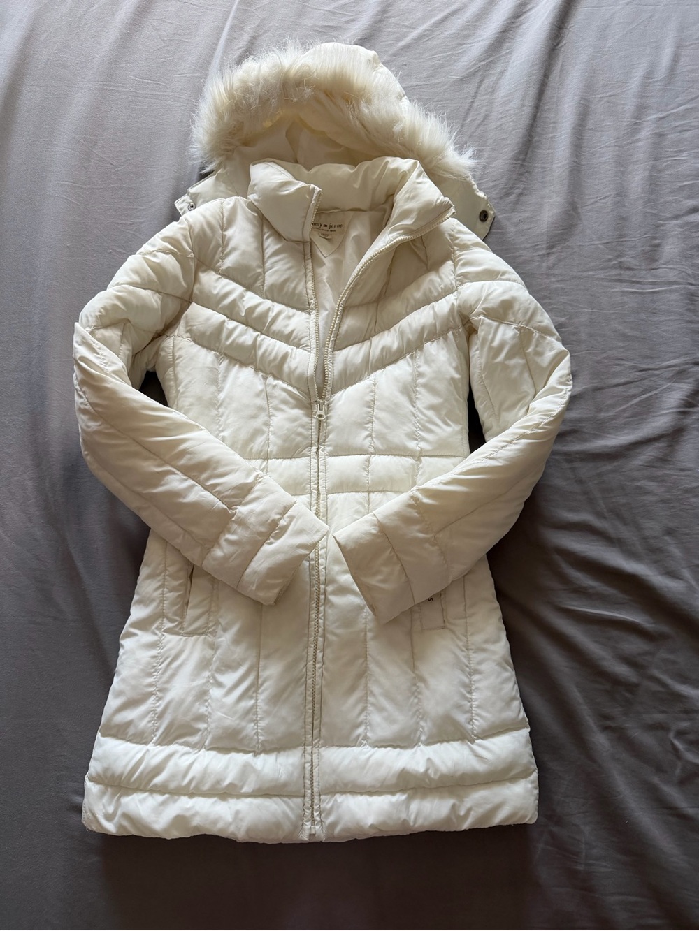 Tommy Jeans White Puffer Coat with Fur Hood
